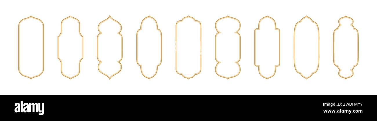 Formes de cadre islamique dorées pour le mois de Ramadan. Bordures avec des motifs arabes. Collection d'éléments vectoriels isolés sur fond blanc. Illustration de Vecteur