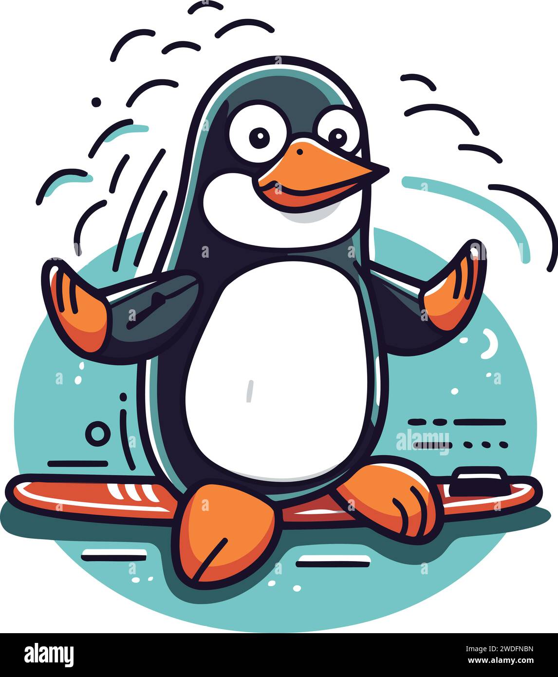 Mignon pingouin sur des skis. Illustration vectorielle dans le style de bande dessinée. Illustration de Vecteur