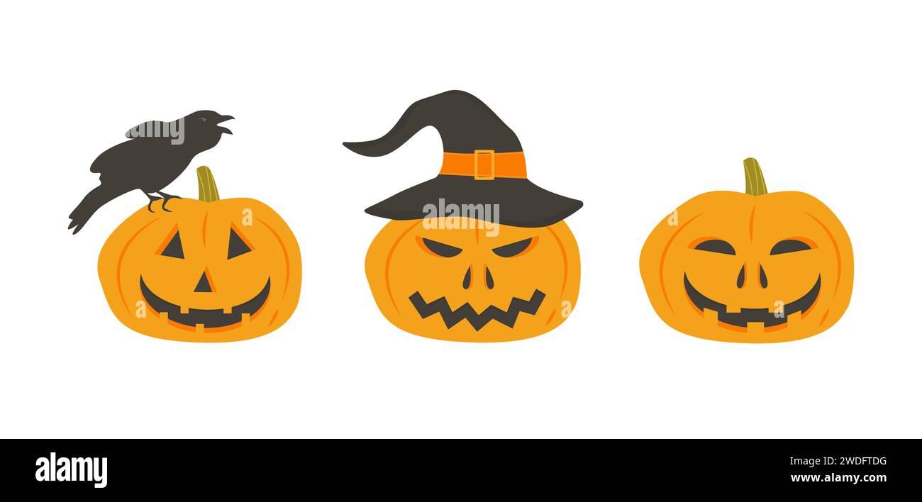 Ensemble de citrouilles effrayantes dans le chapeau de sorcière. Visage de citrouille effrayant avec corbeau. Personnages de lanterne Jack. Collection d'éléments de conception pour Halloween fête invitati Illustration de Vecteur