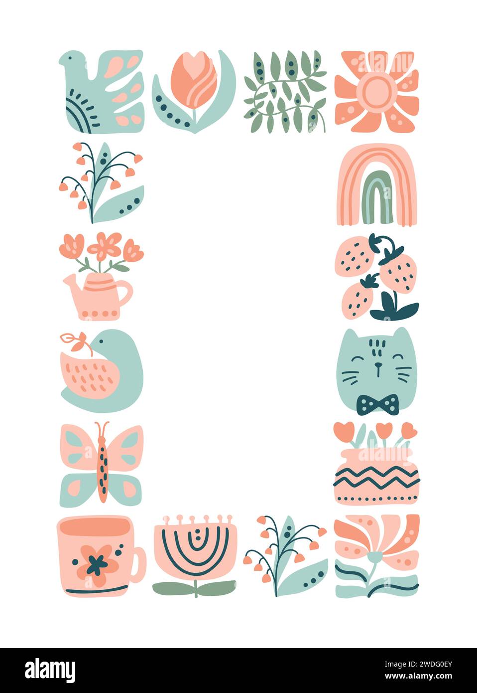 Vecteur ressort ethnique logo composition motif cadre mosaïque de mosaïque d'oiseau, de fleur, de feuille, de fraise et de branche. Jolie illustration boho dessinée à la main Illustration de Vecteur