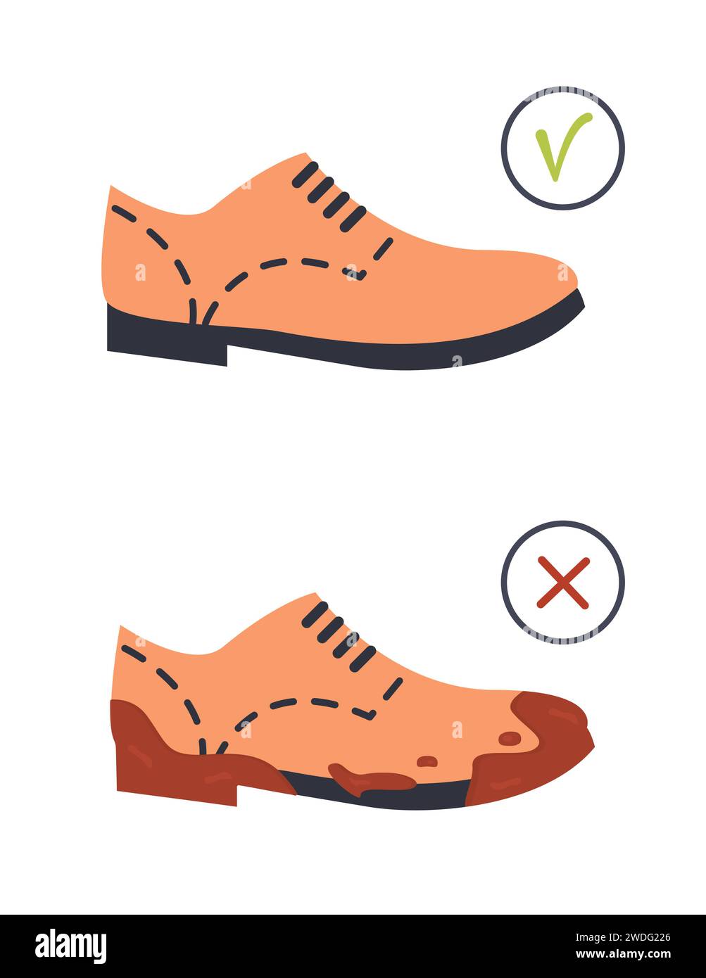 Chaussures sales et propres. Semelle plate brune à la mode, chaussures oxford ou derby. Bottes boueuses. Illustration vectorielle plate isolée sur blanc. Illustration de Vecteur
