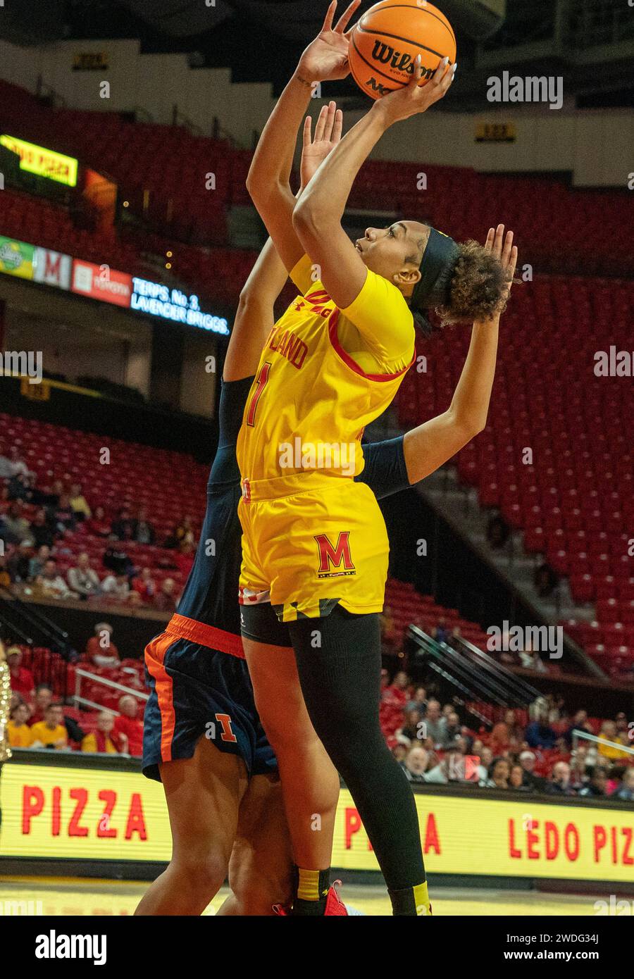 College Park, États-Unis. 20 janvier 2024. COLLEGE PARK, MD : - JANVIER 20 : la garde des Terrapins du Maryland, Jakia Brown-Turner (11), tire un coup de feu lors d'un match féminin de basket-ball universitaire entre les Terrapins du Maryland et les Illinois Fighting Illini au Xfinity Center, à College Park, Maryland, le 20 janvier 2024. (Photo de Tony Quinn/SipaUSA) crédit : SIPA USA/Alamy Live News Banque D'Images