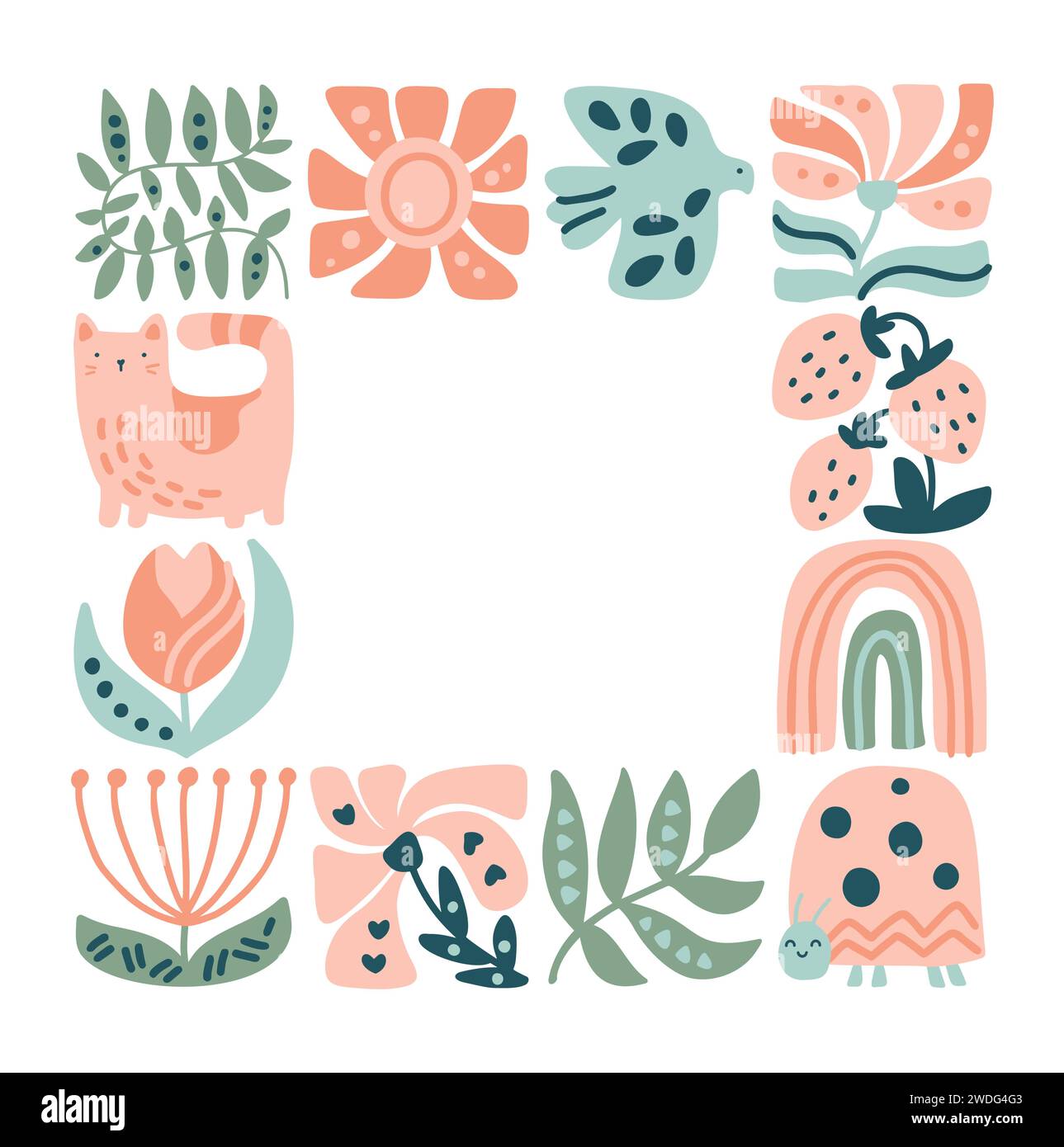 Vecteur ressort ethnique logo composition motif cadre mosaïque de mosaïque d'oiseau, de fleur, de feuille, de fraise et de branche. Jolie illustration boho dessinée à la main Illustration de Vecteur