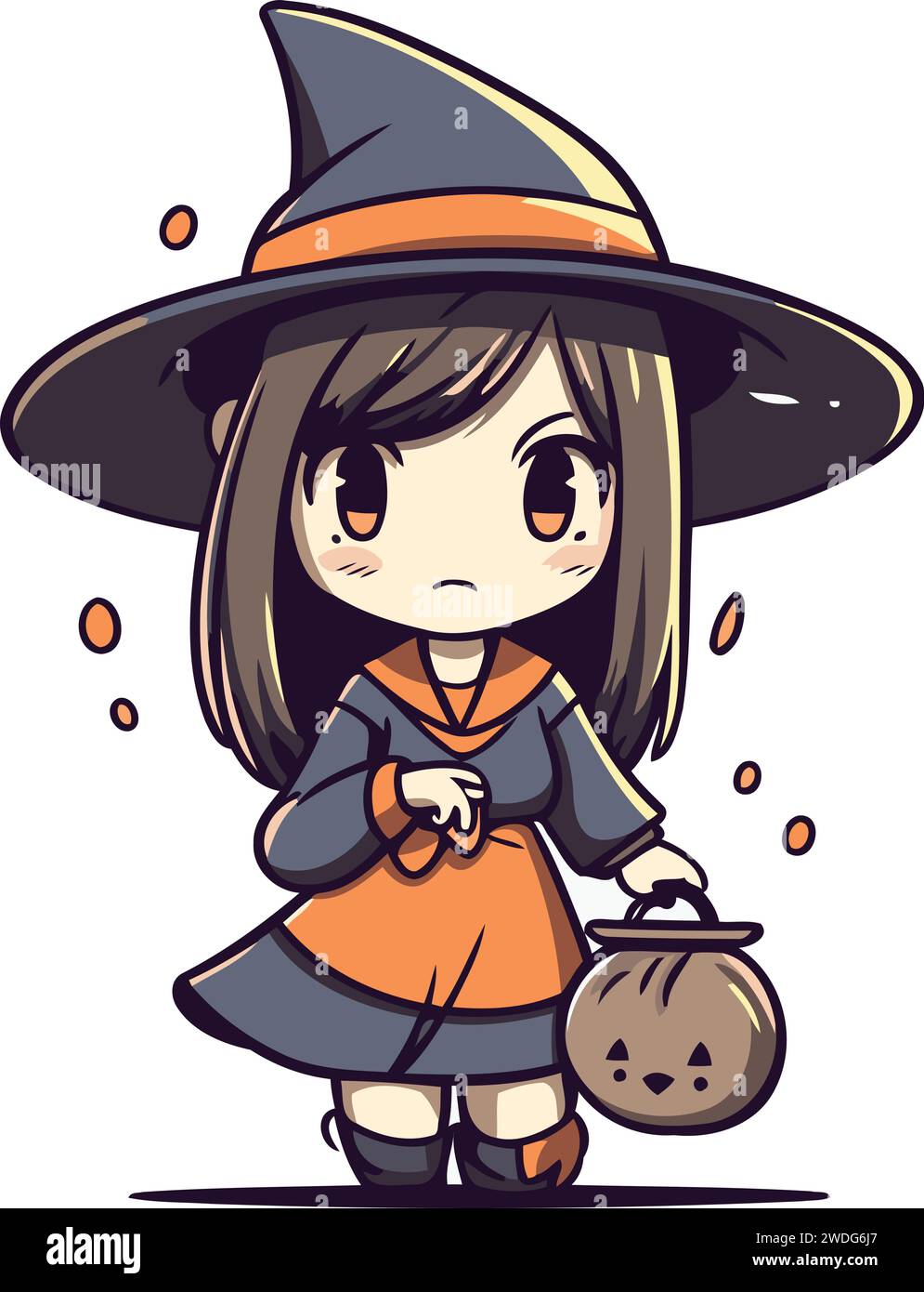 Mignonne petite fille en costume de sorcière avec citrouille. Illustration vectorielle. Illustration de Vecteur