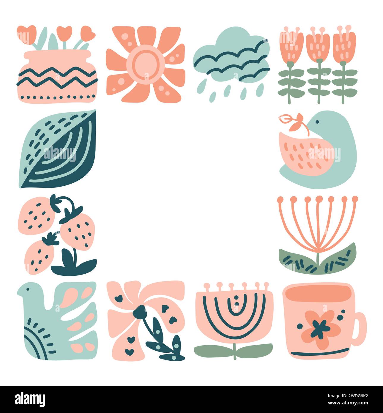 Vecteur ressort ethnique logo composition motif cadre mosaïque de mosaïque d'oiseau, de fleur, de feuille, de fraise et de branche. Jolie illustration boho dessinée à la main Illustration de Vecteur