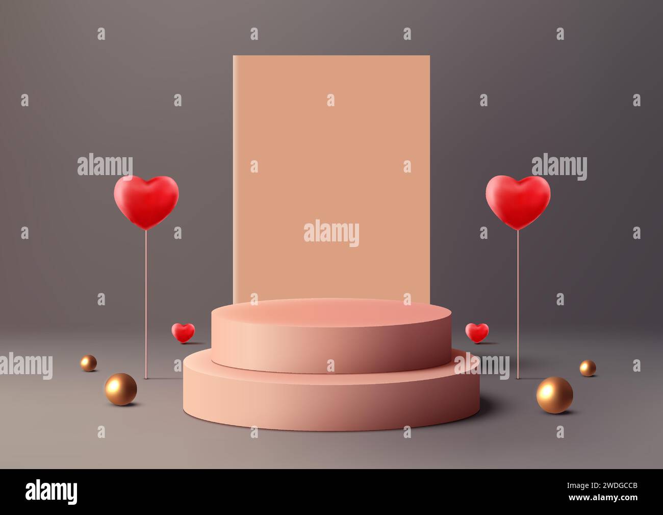 Visuels de Saint-Valentin avec maquette de podium rose 3D réaliste. Avec un fond gris, des ballons en coeur, des boules dorées et une scène moderne, il est parfait Illustration de Vecteur