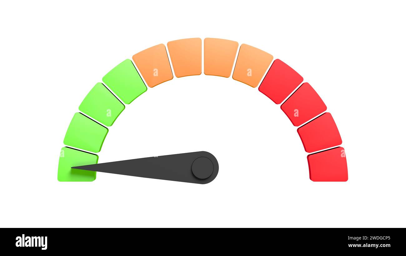 Compteur de vitesse. Isolé. Vert, orange et rouge. illustration 3d. Banque D'Images