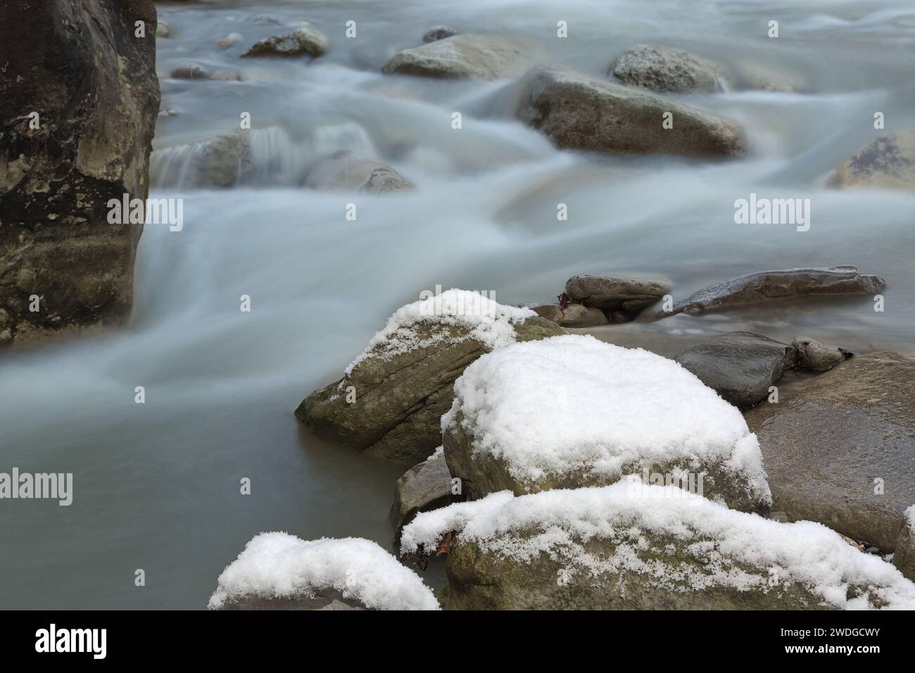 Little creek dans les alpes après une chute de neige nocturne. neige dans les basses terres suisses. Banque D'Images