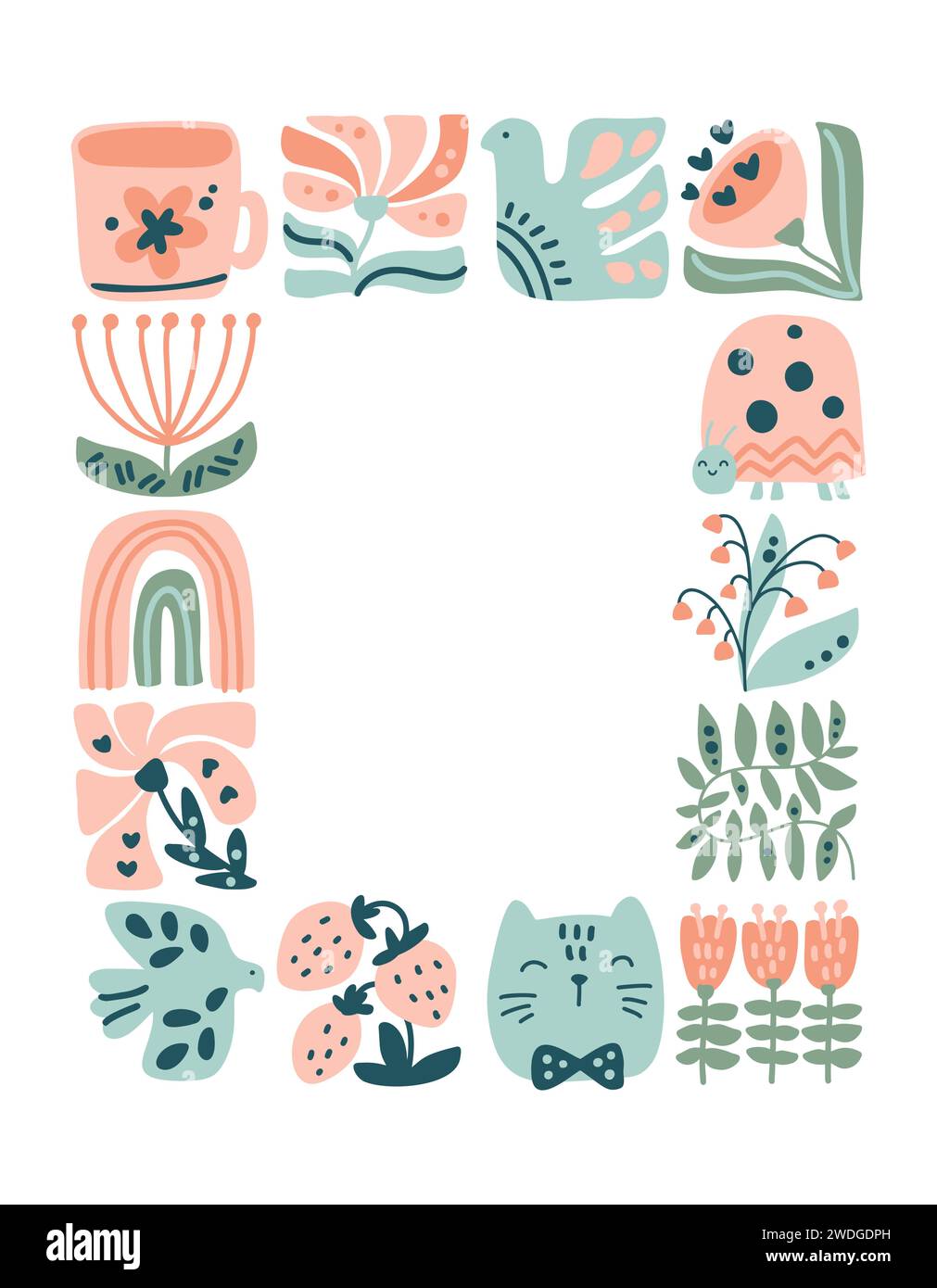 Vecteur ressort ethnique logo composition motif cadre mosaïque de mosaïque d'oiseau, de fleur, de feuille, de fraise et de branche. Jolie illustration boho dessinée à la main Illustration de Vecteur