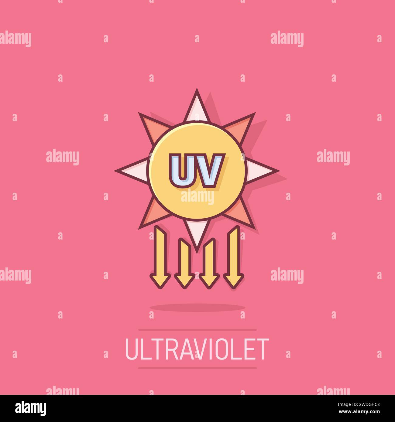 Icône de rayonnement UV dans un style comique. Illustration vectorielle de dessin animé ultraviolet sur fond isolé. Concept d'entreprise à effet éclaboussures de protection solaire. Illustration de Vecteur