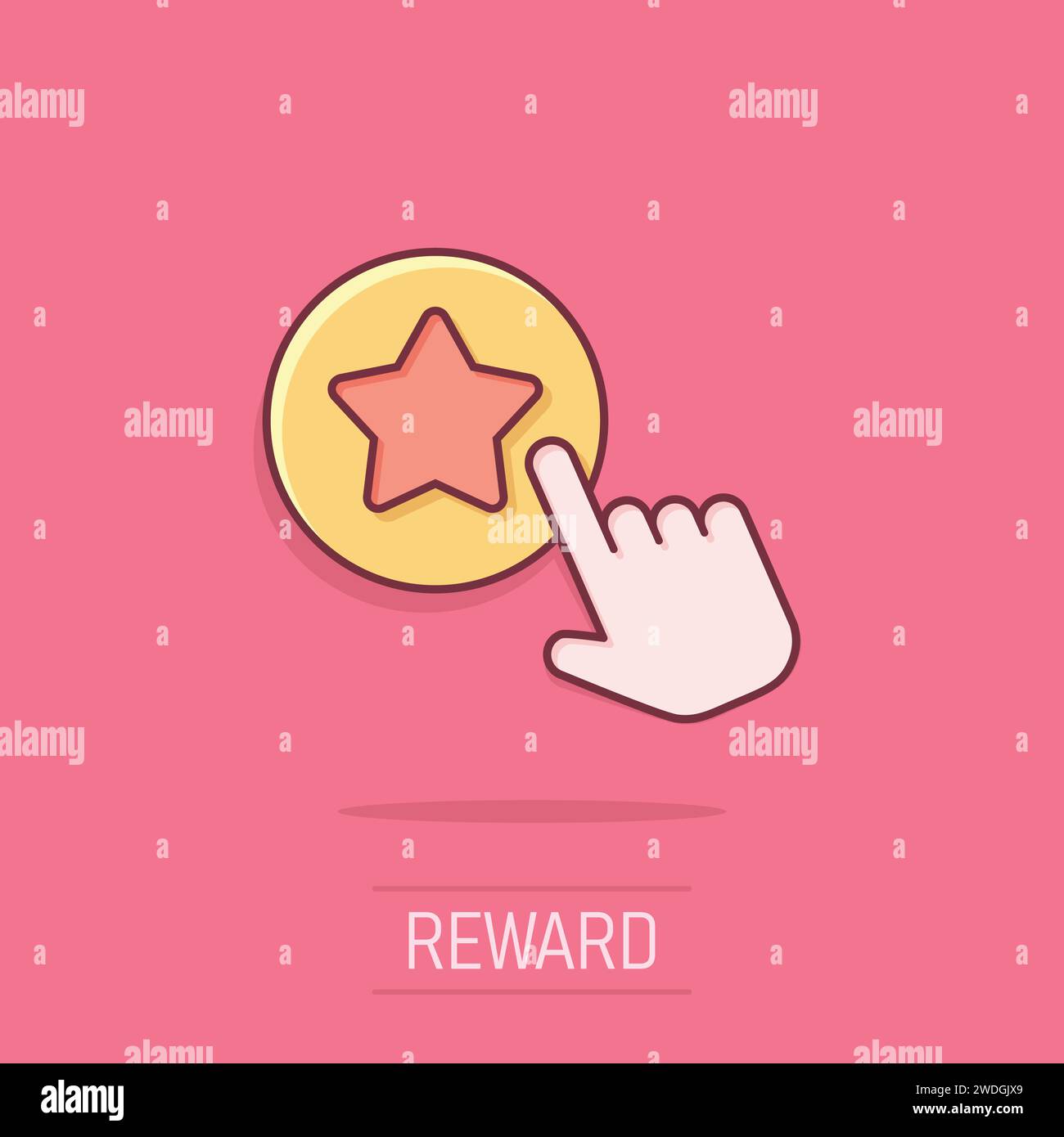 Cliquez sur l'icône de carte de fidélité dans un style comique. Main sur illustration vectorielle de dessin animé de récompense sur fond isolé. Concept d'affaires avec effet de splash discount. Illustration de Vecteur