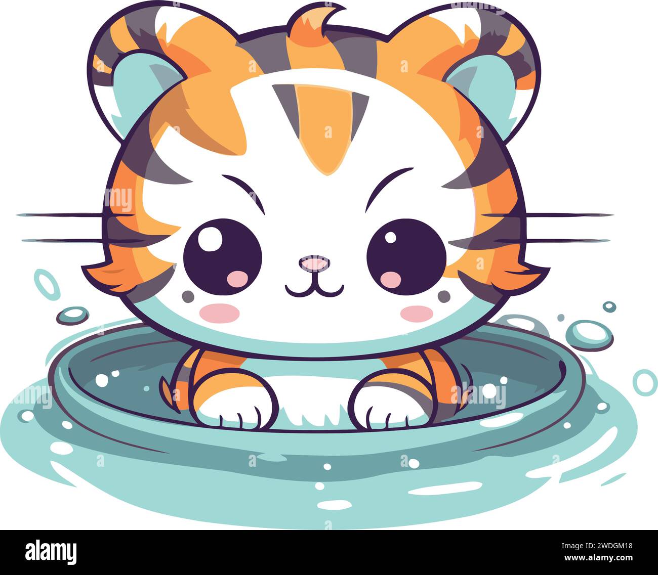 Mignon petit tigre jouant dans l'eau. Personnage de dessin animé mignon. Illustration vectorielle. Illustration de Vecteur