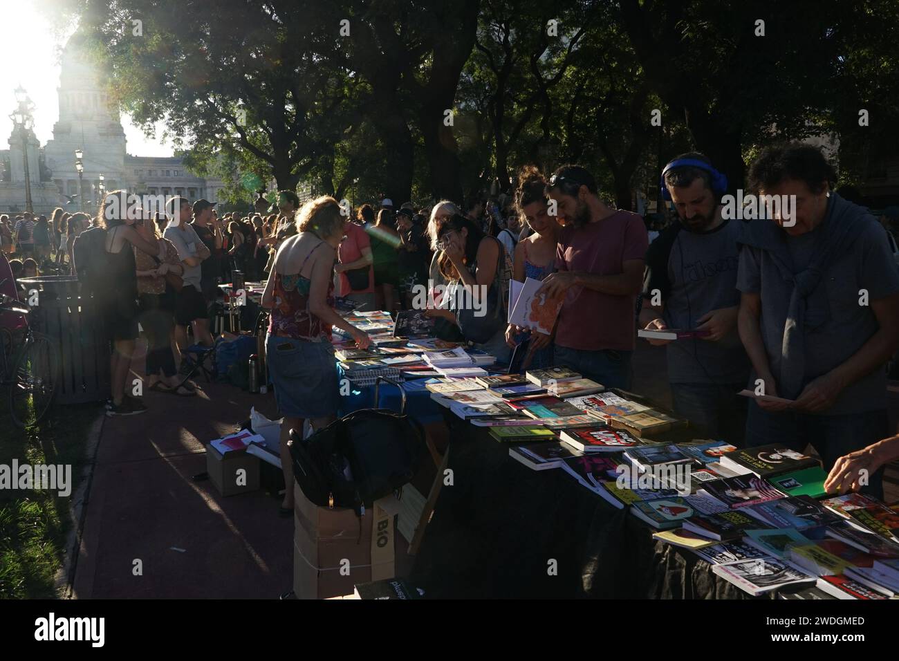 Buenos Aires, Argentine. 20 janvier 2024. Les libraires et les petits éditeurs protestent. Des libraires installent des tables de vente devant le Parlement en signe de protestation crédit : Guillermo Castro/Alamy Live News Banque D'Images