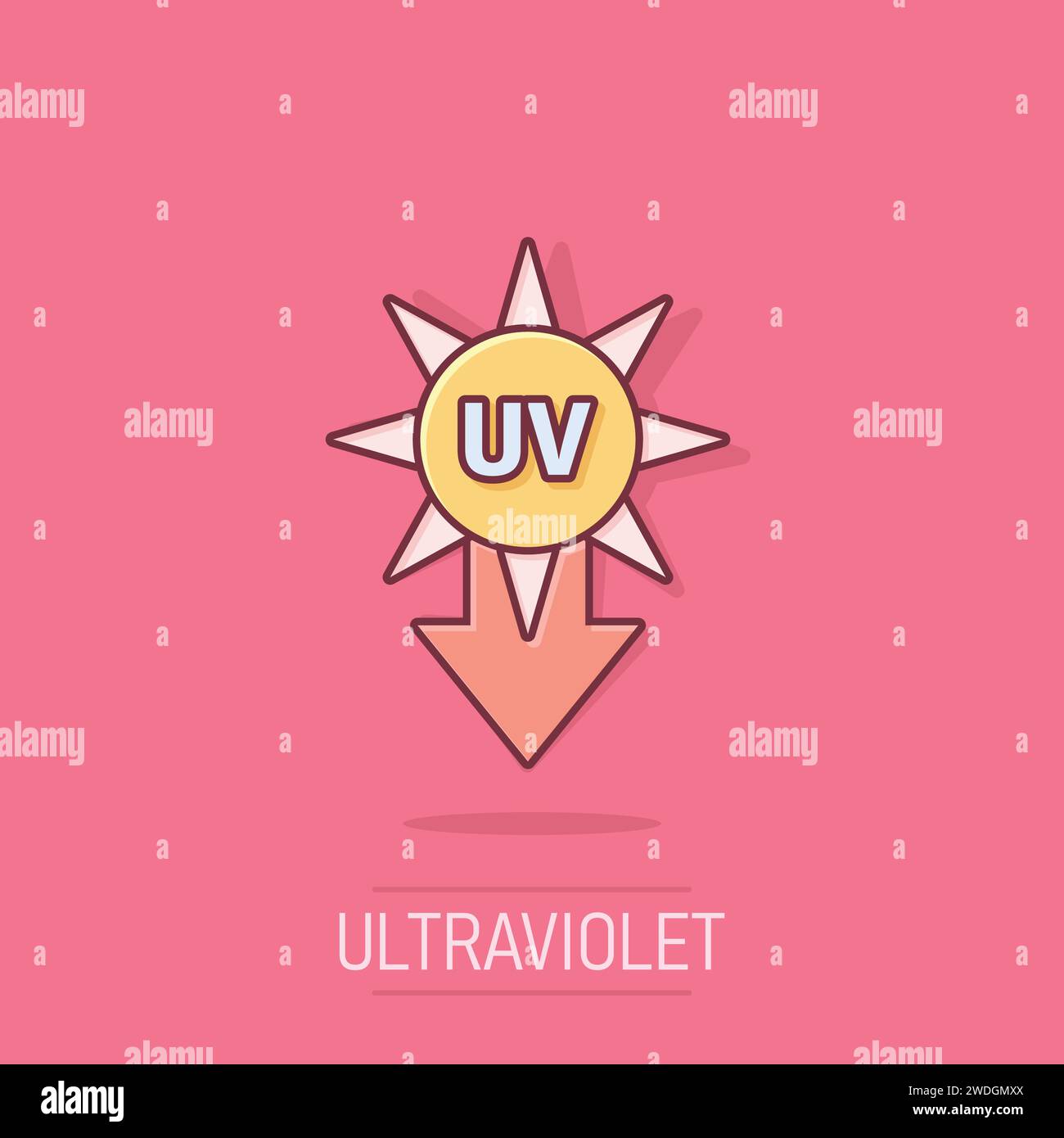 Icône de rayonnement UV dans un style comique. Illustration vectorielle de dessin animé ultraviolet sur fond isolé. Concept d'entreprise à effet éclaboussures de protection solaire. Illustration de Vecteur