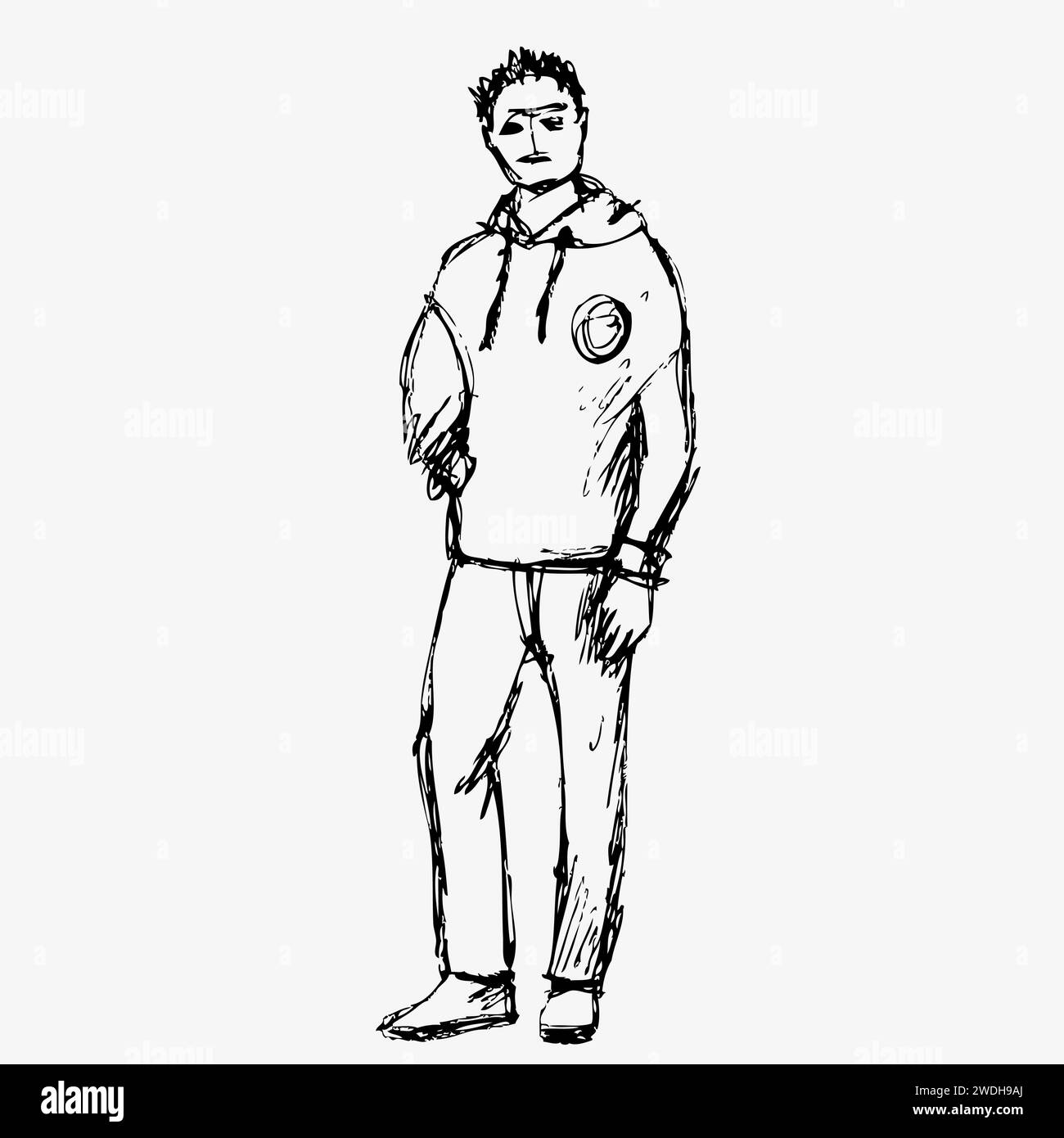 Jeune homme, personnage fictif de stylo d'encre de dessin de main. Figure humaine dessinée à la main. Illustration vectorielle plate isolée sur fond blanc. Illustration de Vecteur