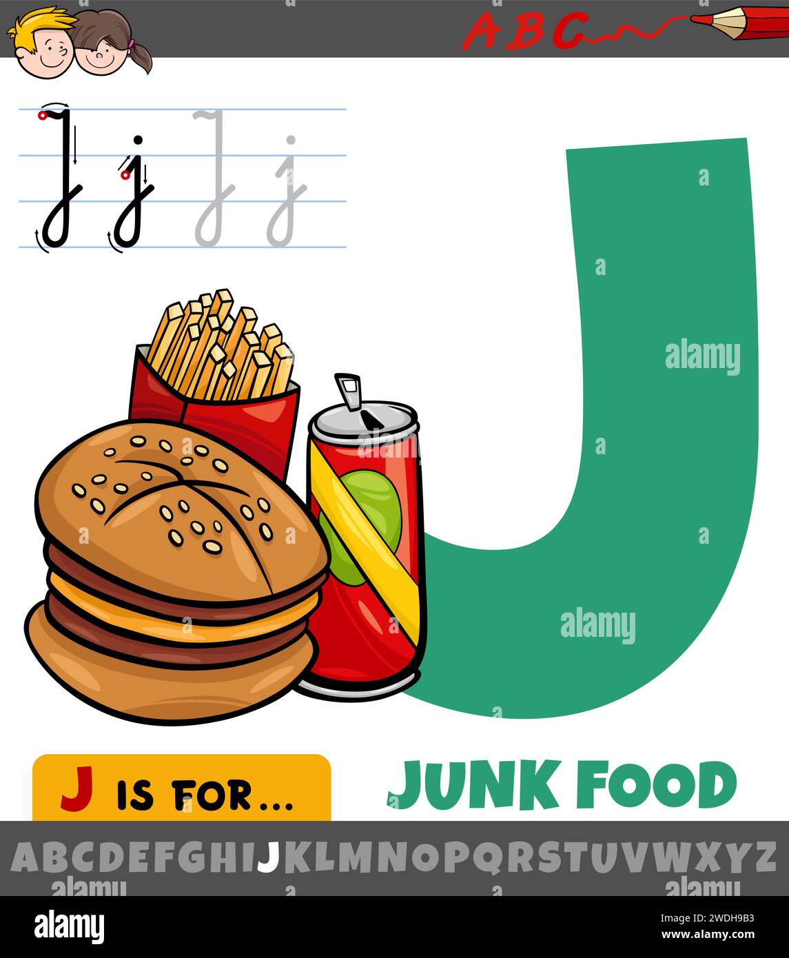 Illustration de dessin animé éducatif de la lettre J de l'alphabet avec de la malbouffe Illustration de Vecteur