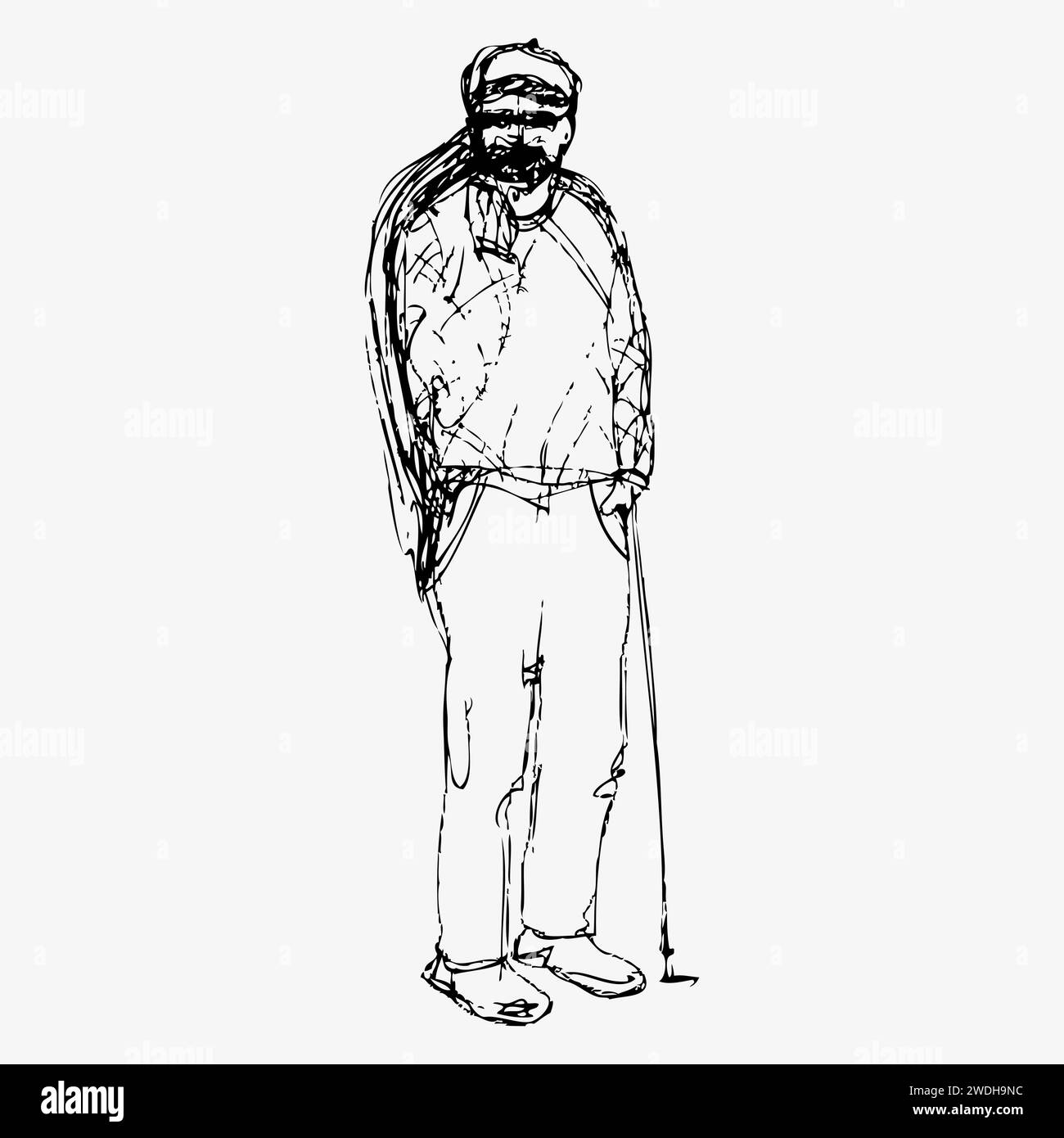 Vieil homme, personnage fictif de stylo d'encre de dessin de main. Figure humaine dessinée à la main. Illustration vectorielle plate isolée sur fond blanc. Illustration de Vecteur