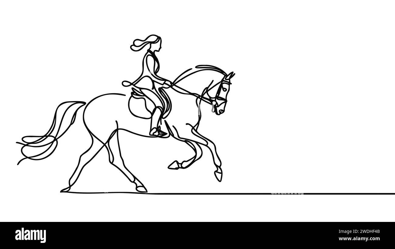 Un dessin en ligne continue de jeune cavalier femme en action. Entraînement de course équine sur piste de course. Illustration de Vecteur