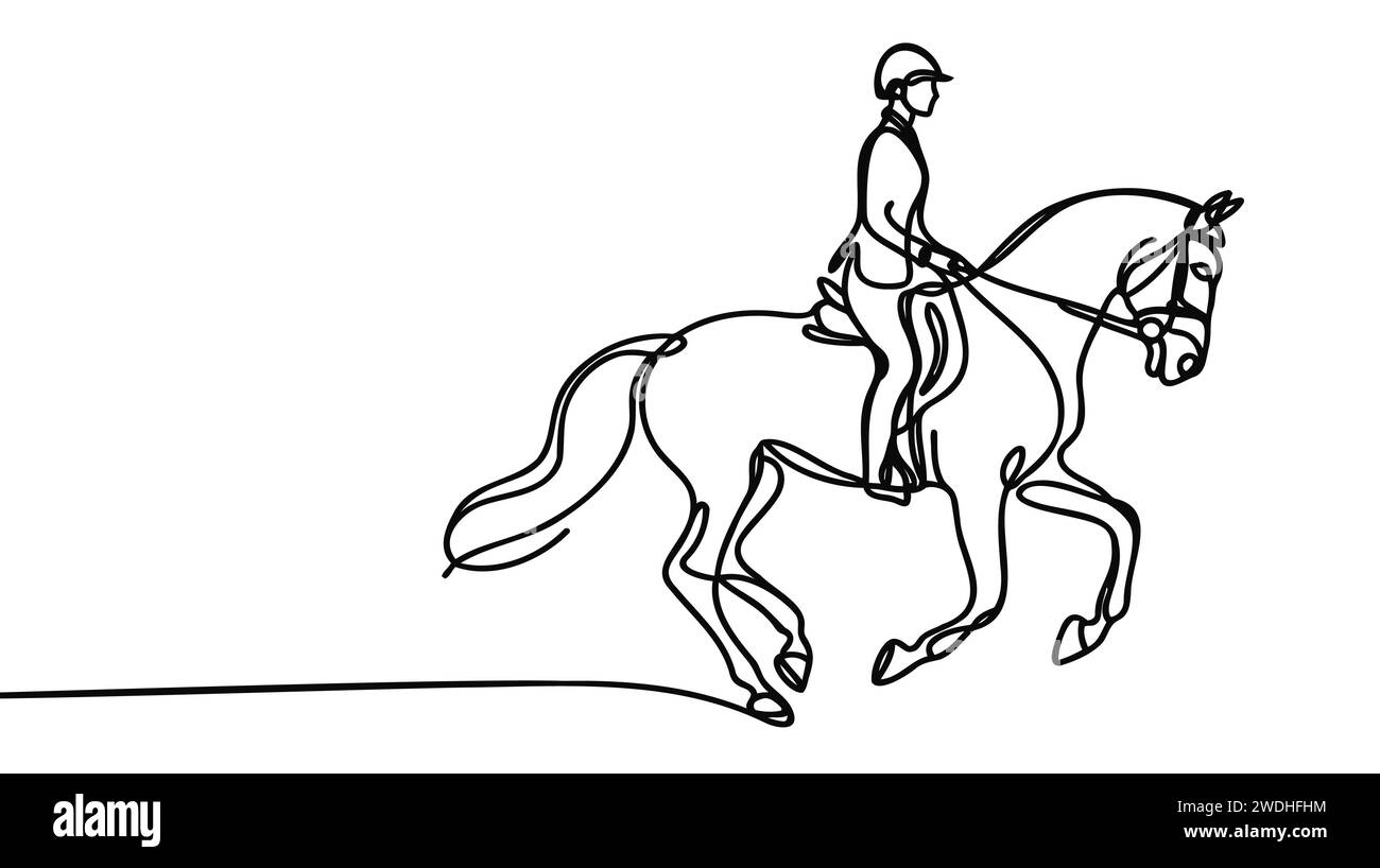 Un dessin en ligne continue de jeune cavalier femme en action. Entraînement de course équine sur piste de course. Illustration de Vecteur