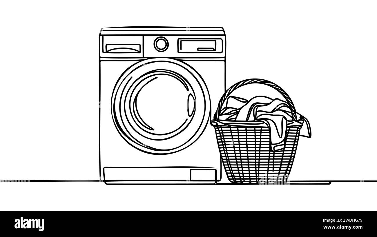 Machine à laver avec panier à linge en ligne continue. Illustration de Vecteur
