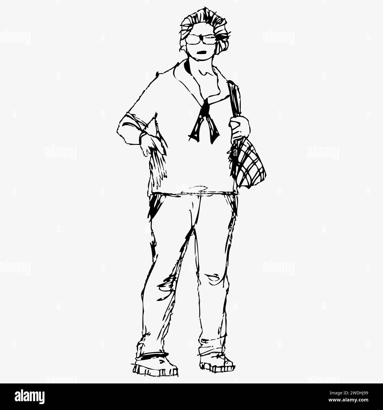 Vieille femme, personnage fictif de stylo d'encre de dessin de main. Figure humaine dessinée à la main. Illustration vectorielle plate isolée sur fond blanc. Illustration de Vecteur