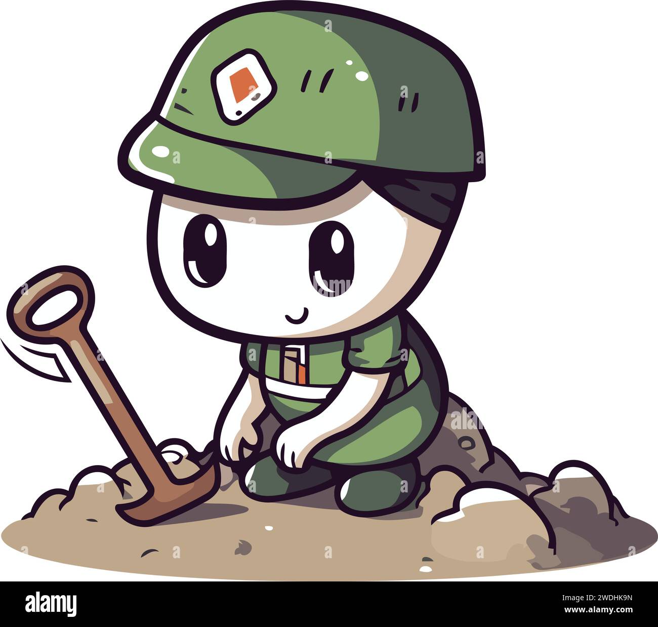 illustration d'un soldat de dessin animé mignon assis sur le sol avec une pelle Illustration de Vecteur