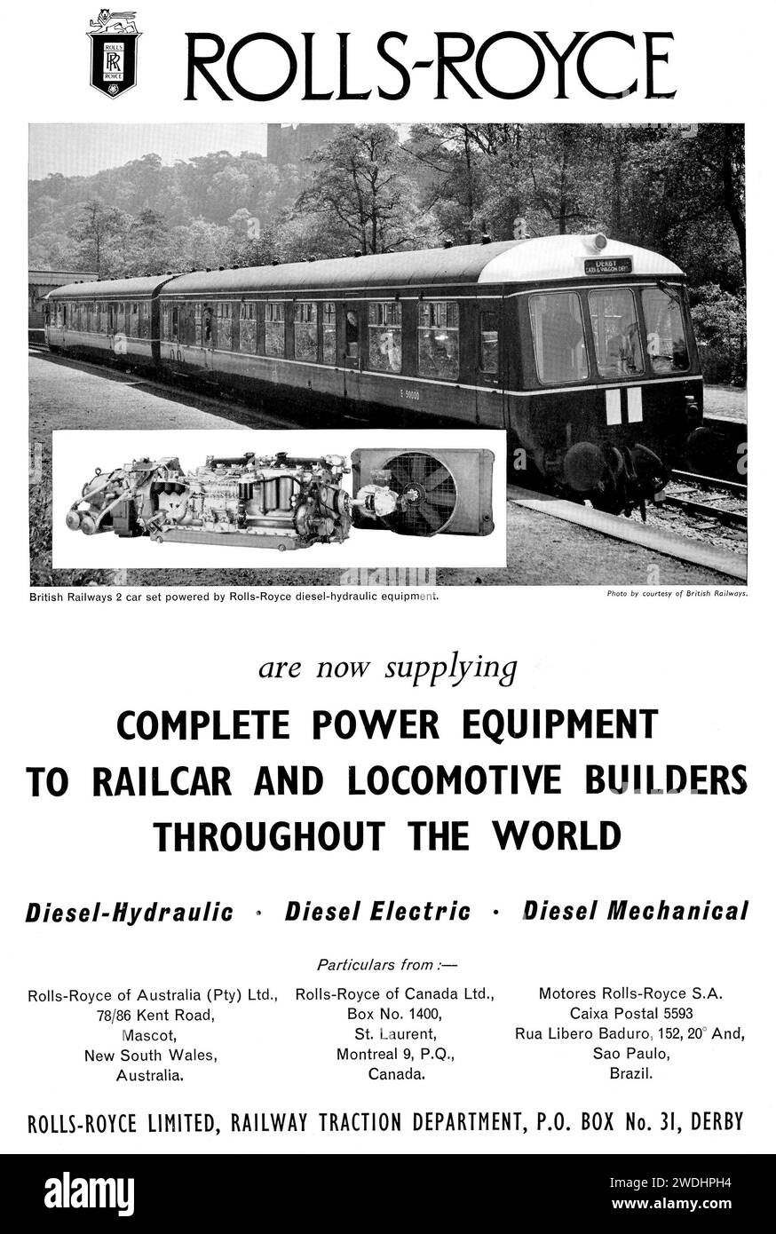 Publicité du millésime 1960 pour les moteurs de trains diesel Rolls Royce fabriqués en Grande-Bretagne Banque D'Images