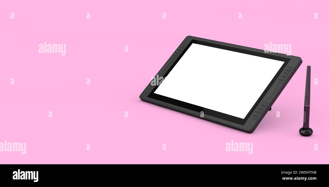 Grande taille du moniteur de tablette de dessin graphique numérique avec stylet et écran vide pour votre conception sur un fond rose. Rendu 3D. Banque D'Images