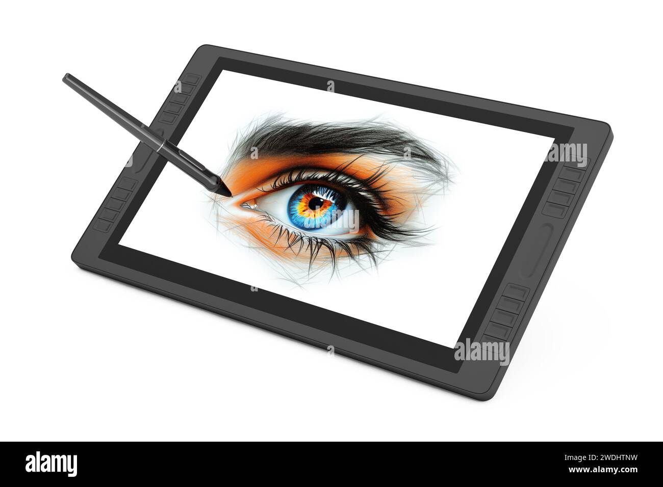 Grande taille du moniteur de tablette de dessin graphique numérique avec stylo et dessin abstrait d'un oeil féminin coloré vibrant sur un fond blanc. Rendu 3D. Banque D'Images