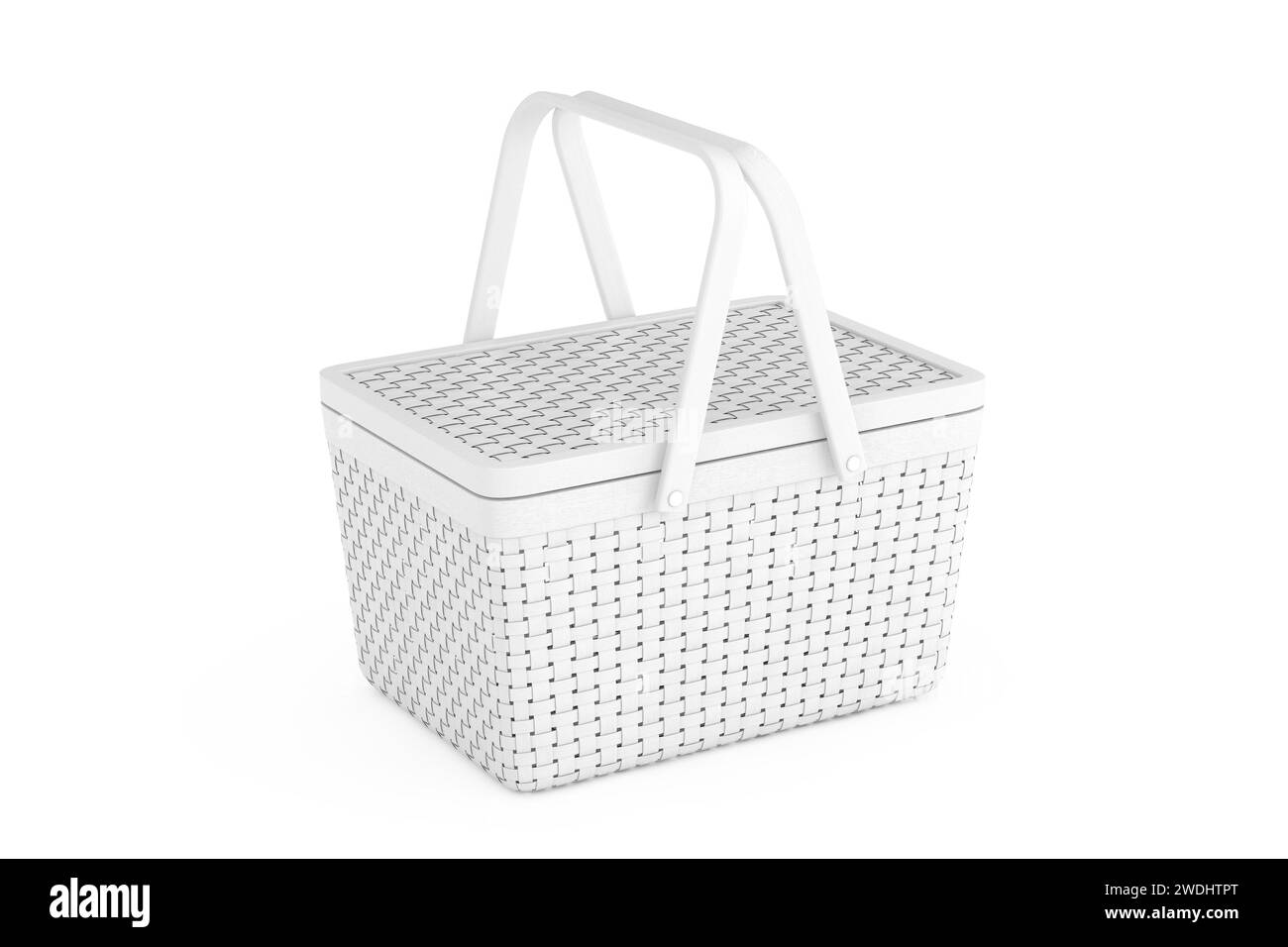 Panier en bois de pique-nique en osier blanc dans le style de l'argile sur un fond blanc. Rendu 3D. Banque D'Images