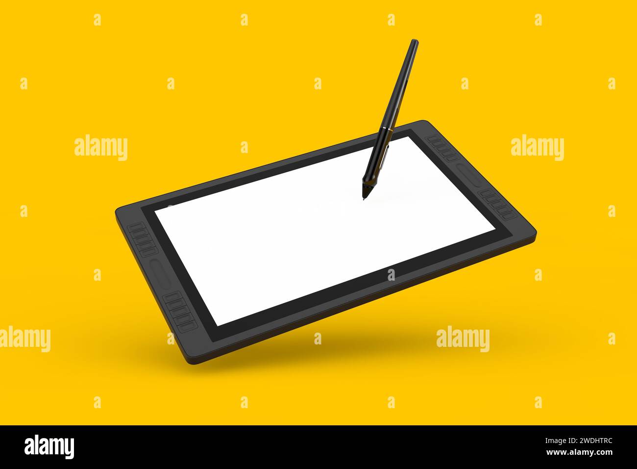 Grande taille du moniteur de tablette de dessin graphique numérique avec stylet et écran vide pour votre conception sur un fond jaune. Rendu 3D. Banque D'Images