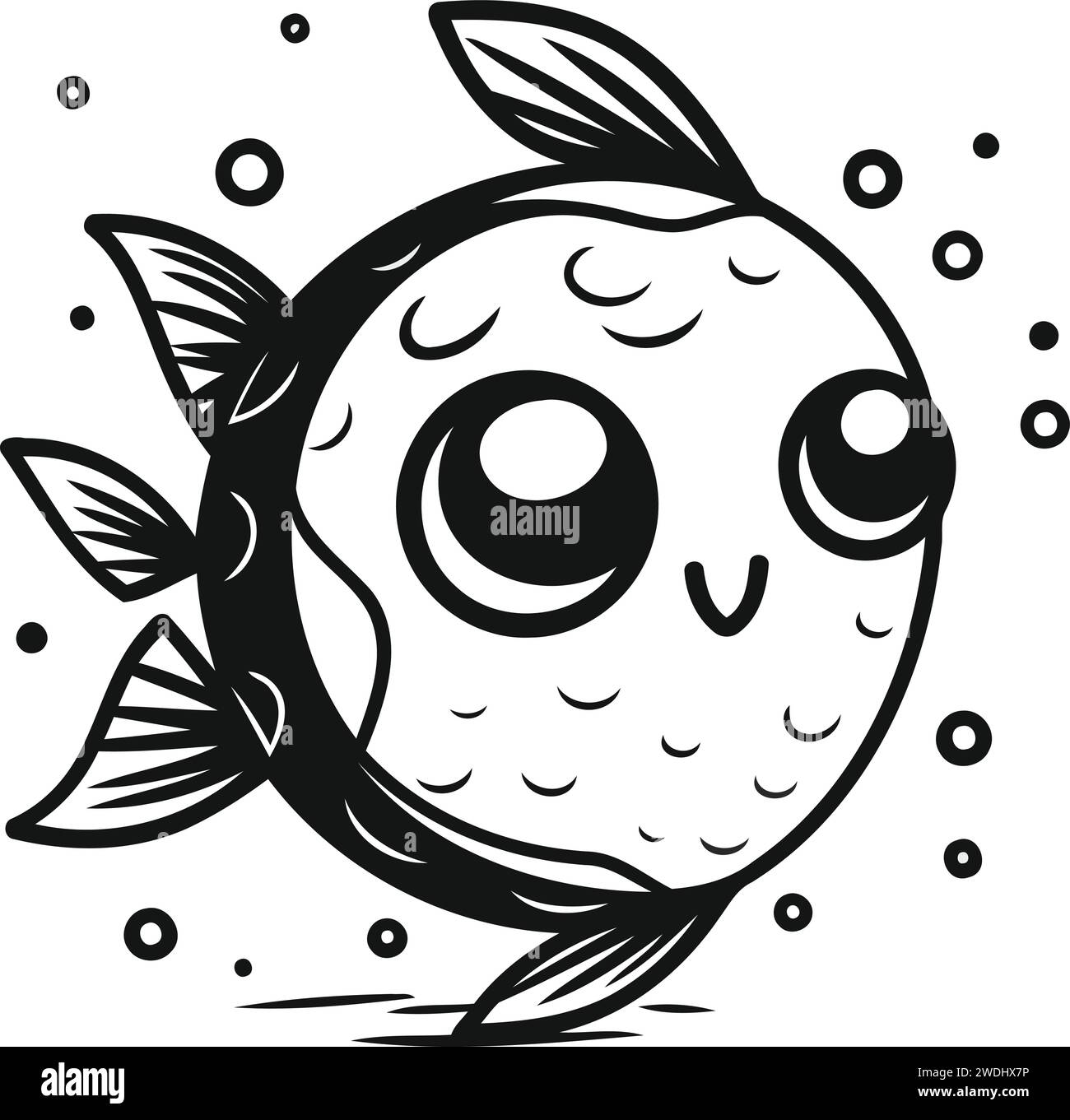 Mignon poisson de dessin animé. Illustration vectorielle en noir et blanc pour livre de coloriage. Illustration de Vecteur