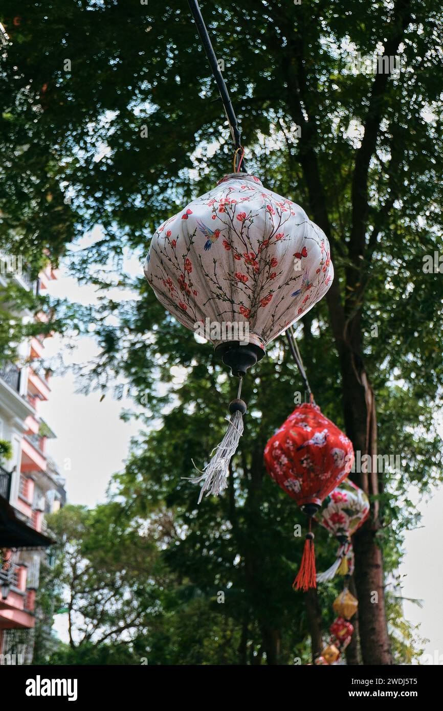 Explorez les rues animées de Hanoi ornées de lanternes colorées, mettant en valeur la beauté de la culture vietnamienne. Un plaisir visuel pour tous. Banque D'Images