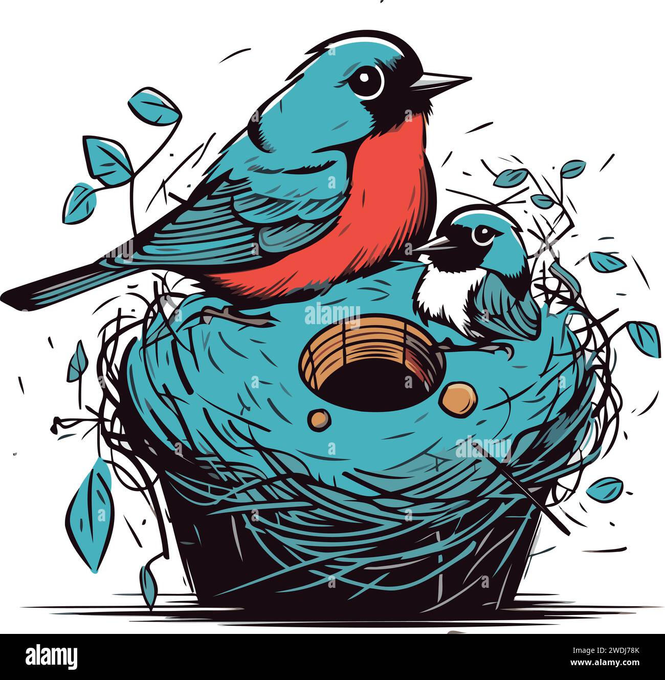 Illustration vectorielle d'un oiseau assis dans un nid et nourrissant des oiseaux. Illustration de Vecteur