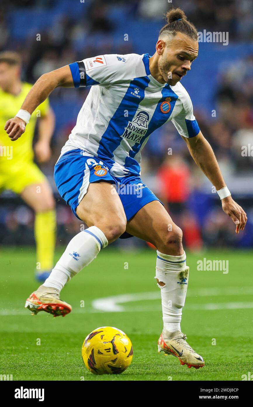 Barcelone, Espagne. 20 janvier 2024. Martin Braithwaite (22) de Espanyol vu lors du match de LaLiga 2 entre Espanyol et Villarreal B au Stage Front Stadium de Barcelone. (Crédit photo : Gonzales photo/Alamy Live News Banque D'Images