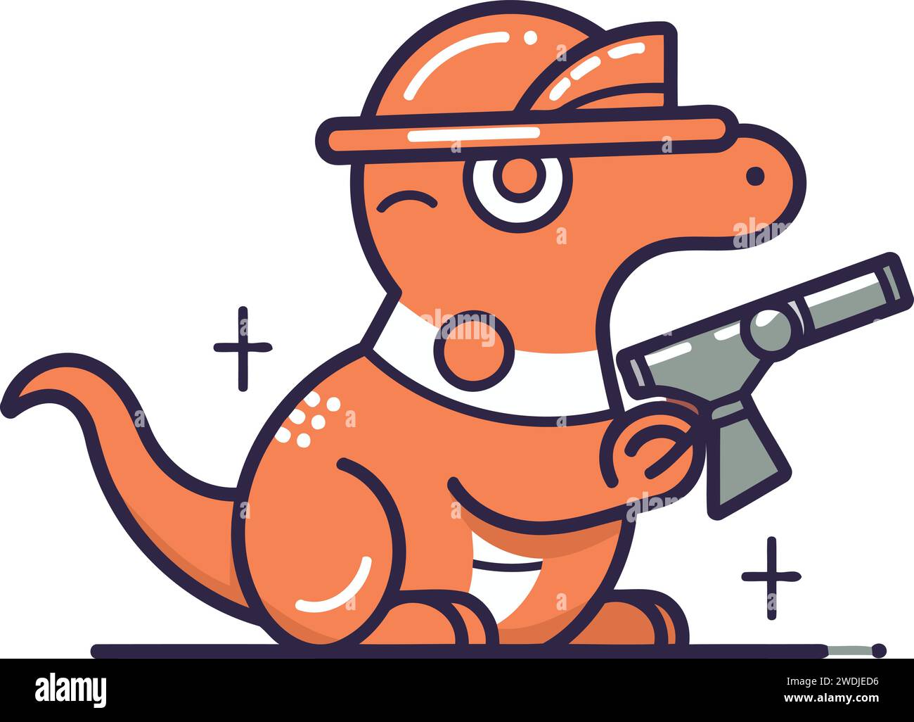 Mignon dinosaure de dessin animé dans un chapeau avec un pistolet. Illustration vectorielle. Illustration de Vecteur