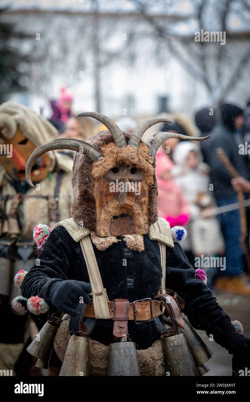 Breznik, Bulgarie - 20 janvier 2024 : Festival de mascarade à Breznik Bulgarie. Les gens avec un masque appelé Kukeri dansent et se produisent pour effrayer le mal sp Banque D'Images