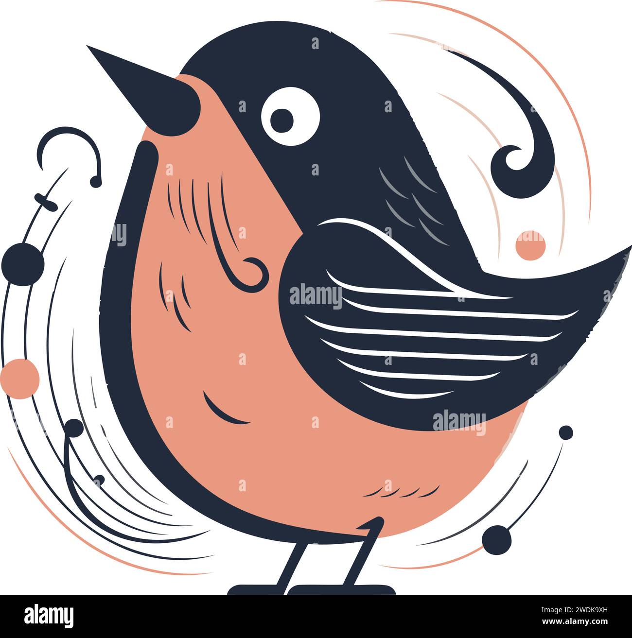 Illustration vectorielle d'un oiseau mignon sur un fond blanc avec des notes de musique. Illustration de Vecteur