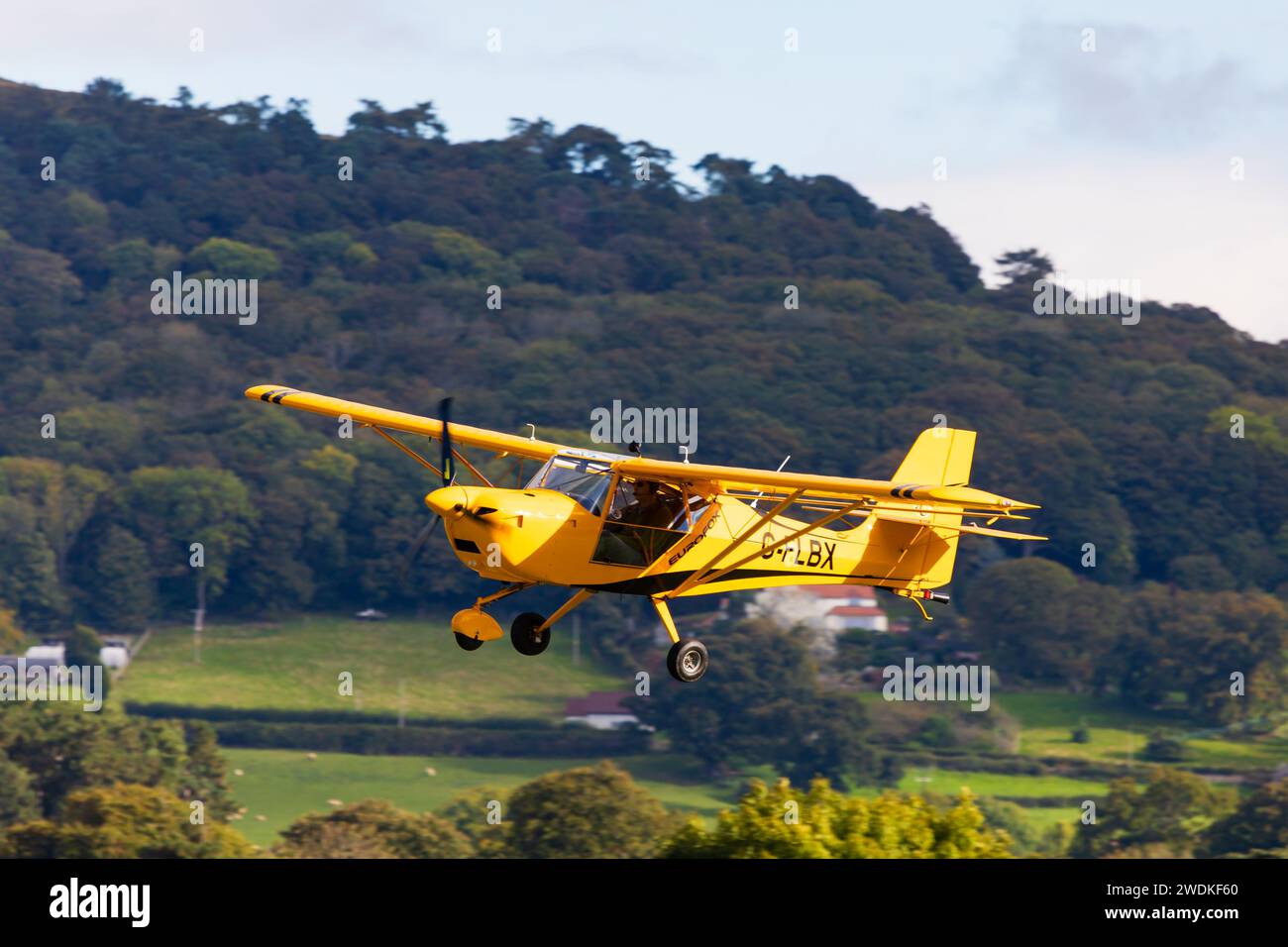 Avion remorqueur planeur jaune Eurofox, G-FLBX, atterrissant à l'aérodrome de Lleweni Parc, Denbigh, pays de Galles Banque D'Images