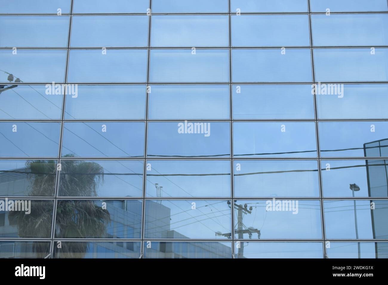 Paysage urbain déformé reflété sur la façade en verre d'un bâtiment moderne. Arrière-plan abstrait des fenêtres. Banque D'Images