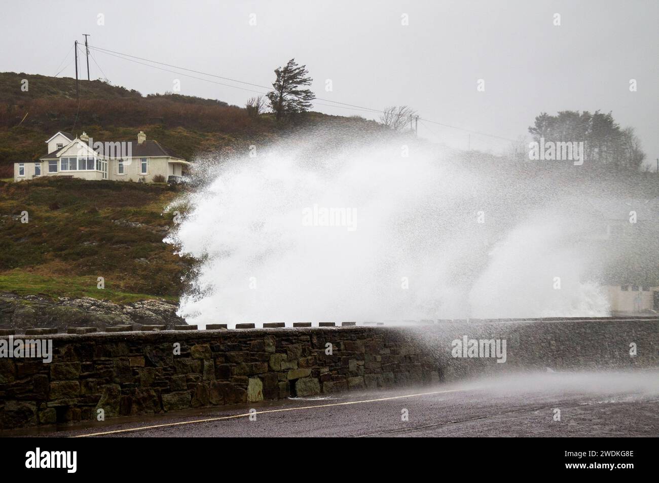 Tragumna, West Cork, Irlande. Dimanche 20 janvier 2024. La tempête Isha a commencé à frapper la côte à Tragumna West Cork cet après-midi. Poussé par des vents de 70knot et une marée haute, le mur de Tragumna prenait toute la force des vagues de la tempête Isha, pénétrant par-dessus le sommet sur la route derrière. Un avertissement de vent orange entrera en vigueur à 5 heures avec un avertissement de vent rouge qui entrera en vigueur plus au nord dans le pays plus tard aujourd'hui. Crédit aphperspective/Alamy Live News Banque D'Images