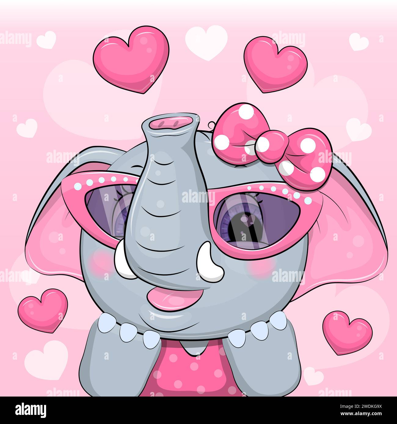 Mignon éléphant de bande dessinée portant des lunettes roses et arc de cheveux. Illustration vectorielle d'un animal sur un fond rose avec des coeurs. Illustration de Vecteur