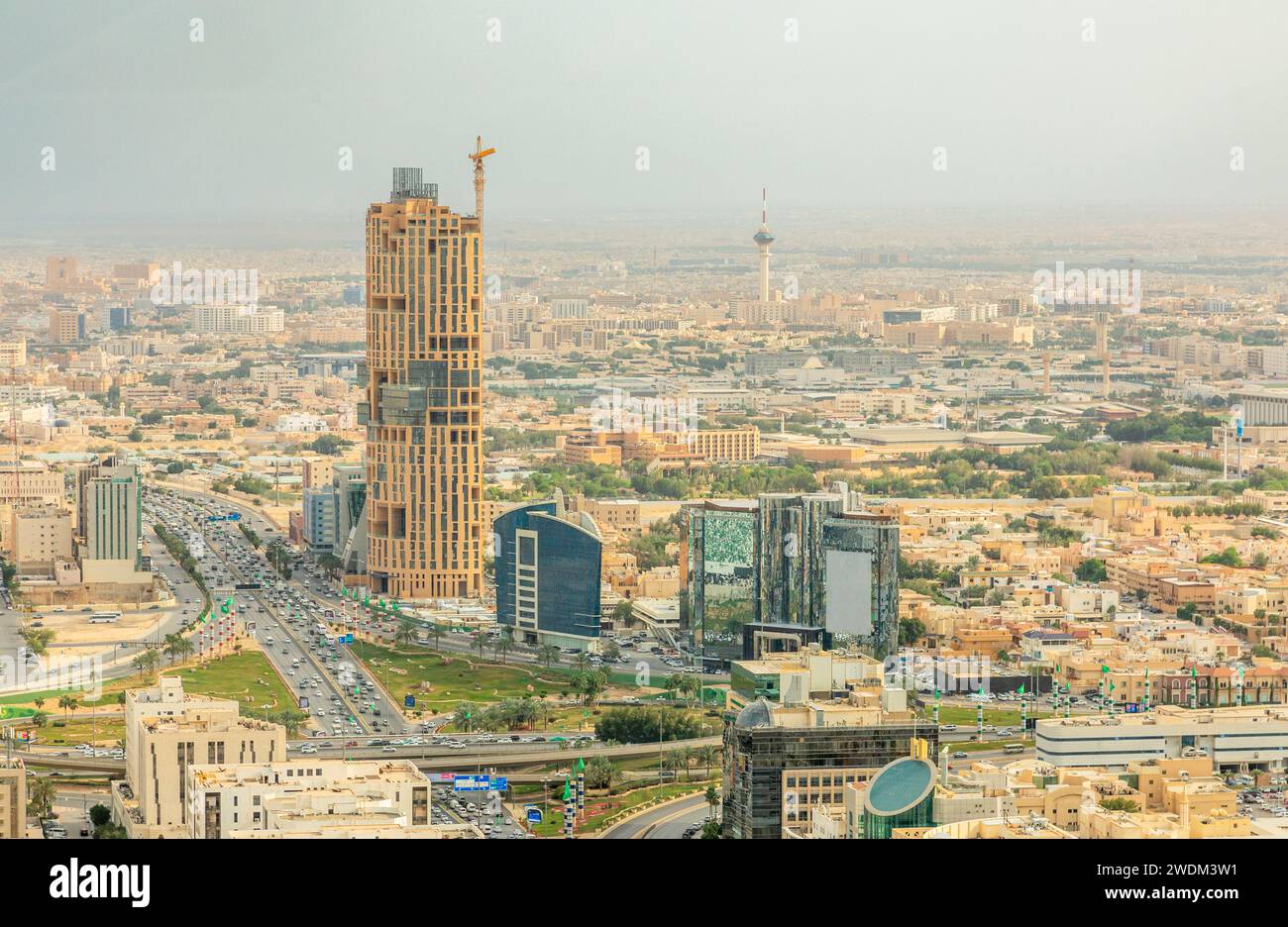 Panorama aérien des quartiers résidentiels de la ville de Riyad avec tour de télévision en arrière-plan, Al Riyadh, Arabie Saoudite Banque D'Images