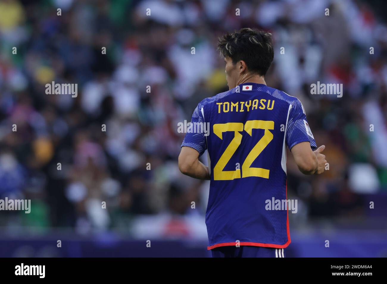 Qatar, Al Rayyan 19 janvier 2024 - Takehiro Tomiyasu du Japon lors du match entre l'Irak et le Japon lors de la phase de groupes de la coupe d'Asie de l'AFC à Education Banque D'Images