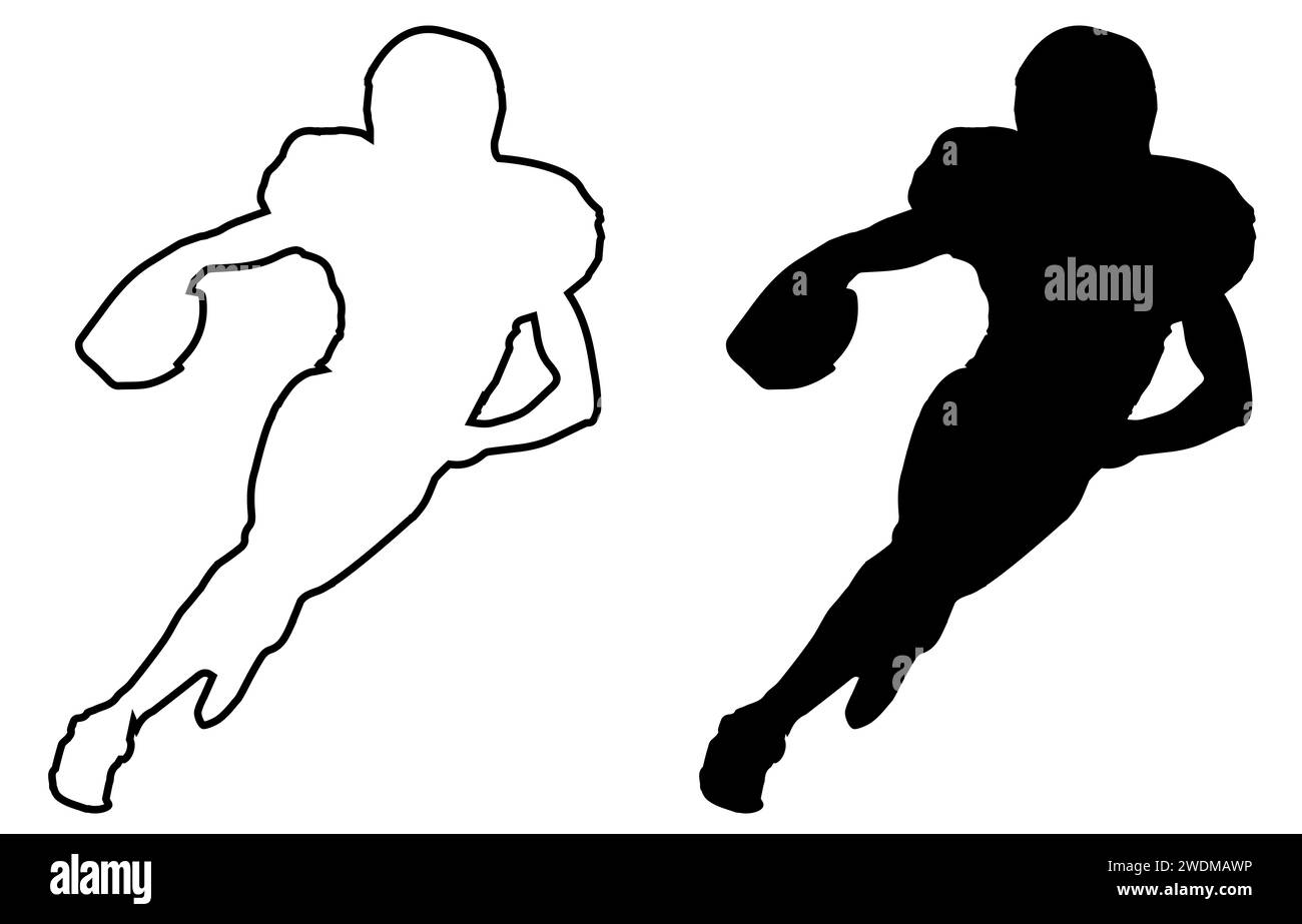 Joueur de football américain courant avec le ballon dans les contours et la silhouette sur un fond blanc Banque D'Images