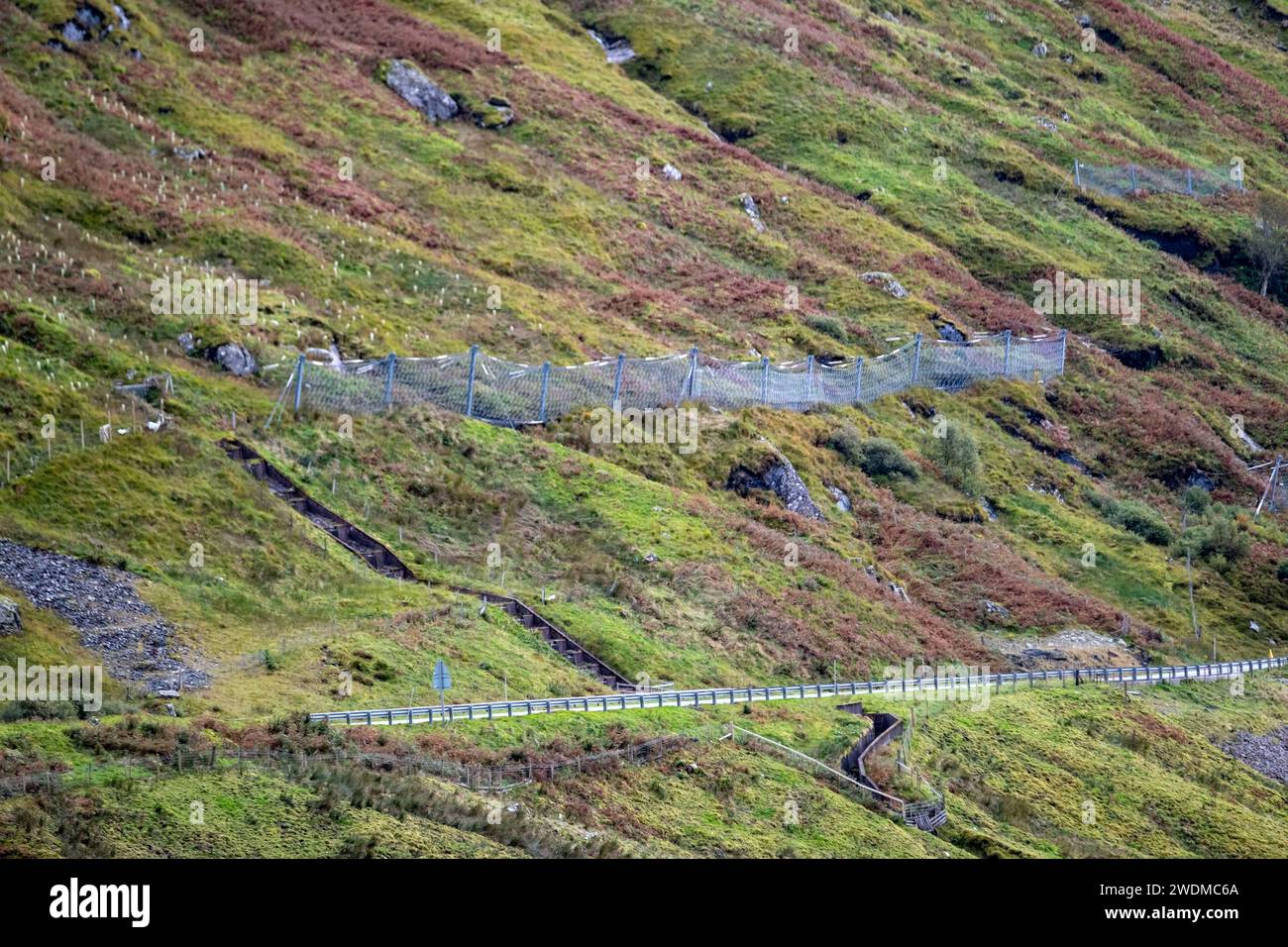Vue aérienne du reste et Be Thankful Road et les défenses de glissement de terrain, Écosse Banque D'Images