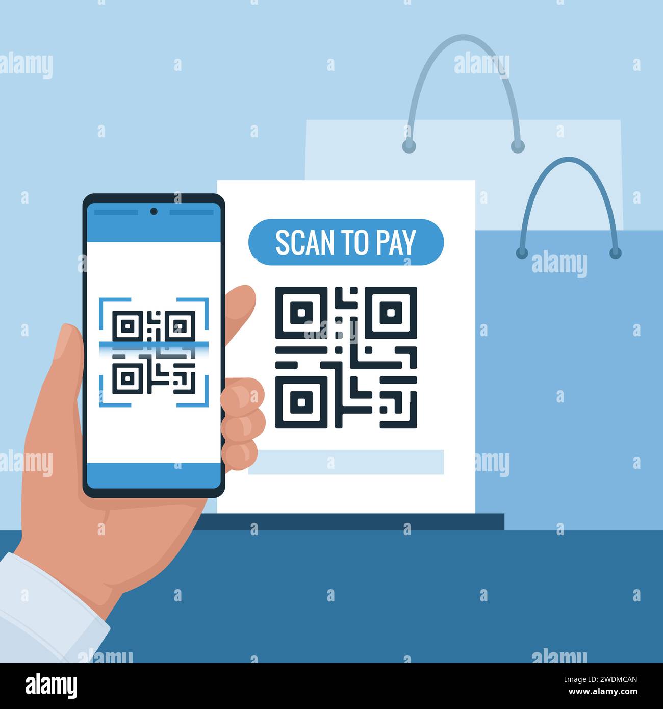 Client scannant un QR code avec son smartphone et effectuant un paiement dans un magasin Illustration de Vecteur