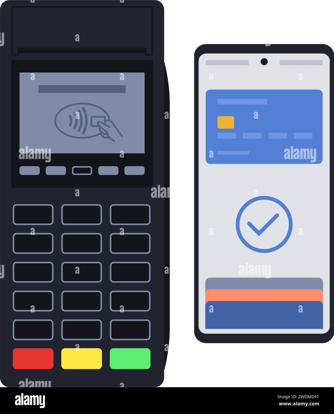 Terminal de point de vente acceptant un paiement par portefeuille numérique sur smartphone Illustration de Vecteur