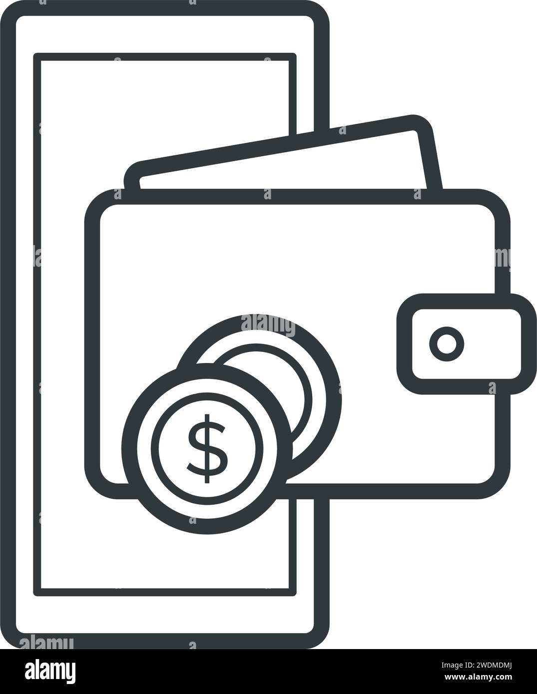 Application de portefeuille numérique sur smartphone, transactions électroniques et concept de monnaie numérique, icône isolée Illustration de Vecteur