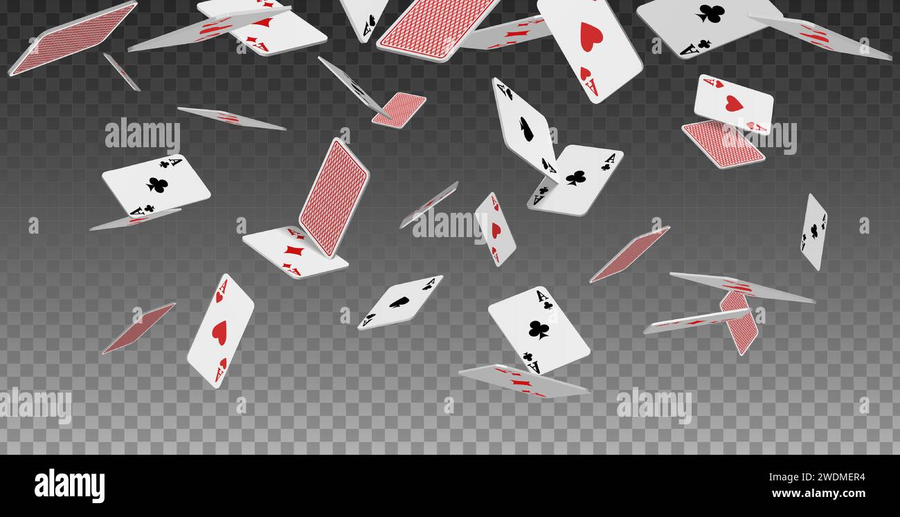 icône vectorielle réaliste. Cartes à jouer volantes d'as de clubs de diamants pique et coeurs sur fond transparent, tombant sur la table. Illustration de Vecteur